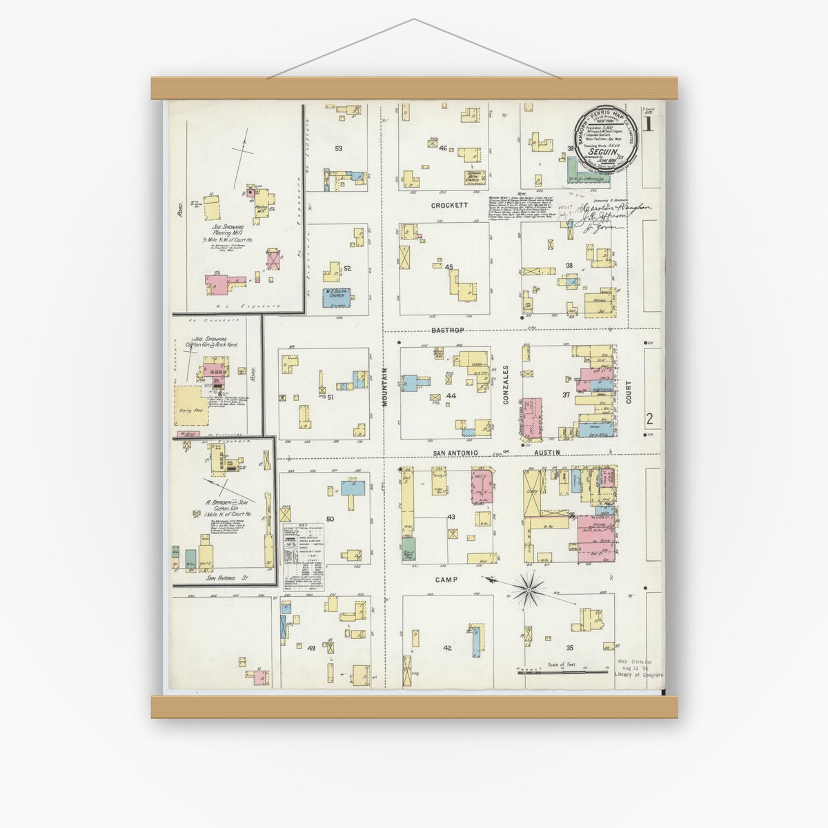 Old map wall art mockup — magnetic wood frame on white wall — Sanborn Fire Insurance Map from Seguin, Guadalupe County, Texas (1896) - Complete Map Set