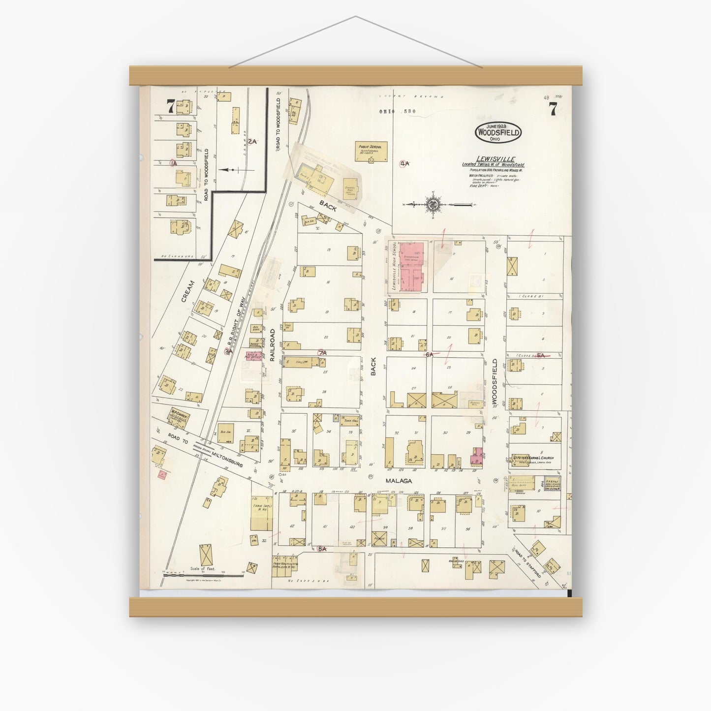 Old map wall art mockup — magnetic wood frame on white wall — Sanborn Fire Insurance Map from Woodsfield, Monroe County, Ohio (1949), Sheet #0007