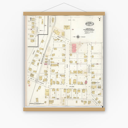 Old map wall art mockup — magnetic wood frame on white wall — Sanborn Fire Insurance Map from Woodsfield, Monroe County, Ohio (1949), Sheet #0007