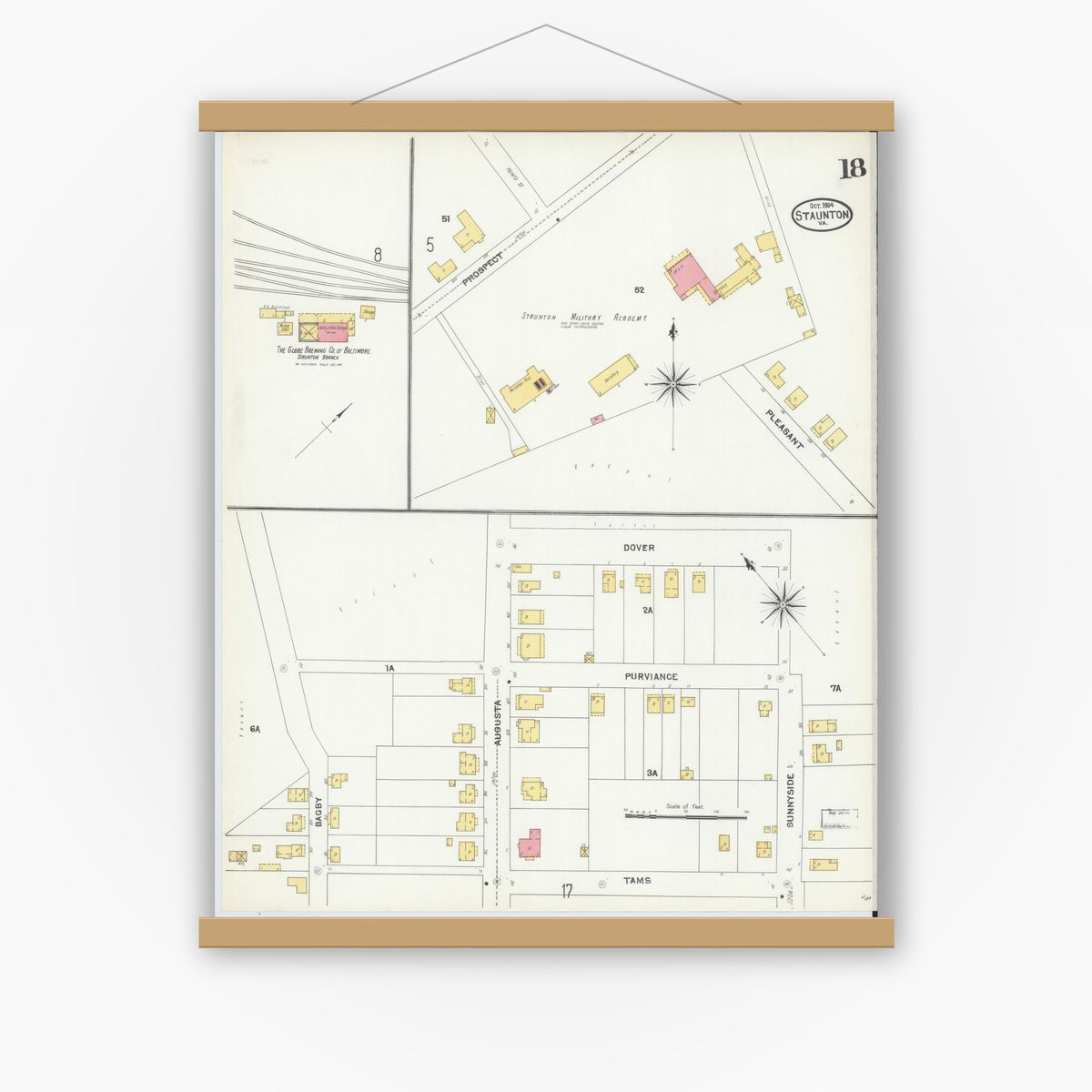 Old map wall art mockup — magnetic wood frame on white wall — Sanborn Fire Insurance Map from Staunton, Independent Cities, Virginia (1904), Sheet #0018