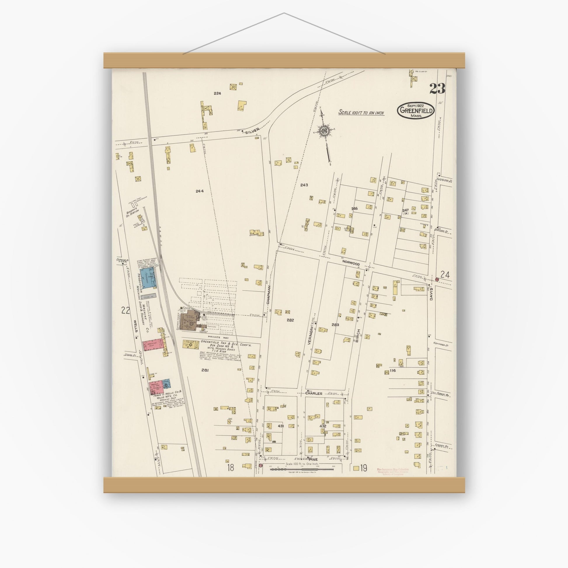 Old map wall art mockup — magnetic wood frame on white wall — Sanborn Fire Insurance Map from Greenfield, Franklin County, Massachusetts (1922), Sheet #0023