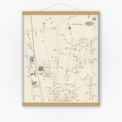 Old map wall art mockup — magnetic wood frame on white wall — Sanborn Fire Insurance Map from Greenfield, Franklin County, Massachusetts (1922), Sheet #0023