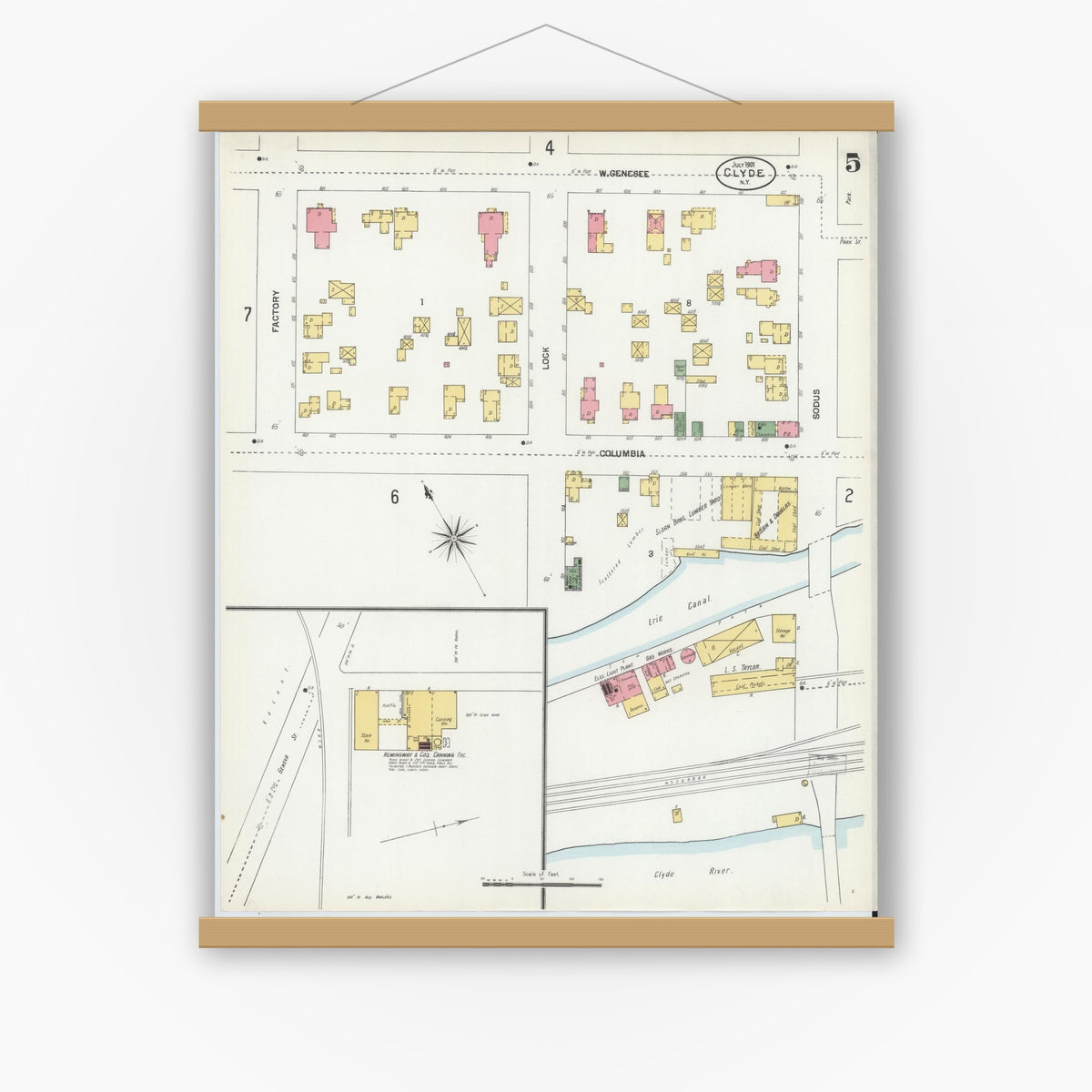 Old map wall art mockup — magnetic wood frame on white wall — Sanborn Fire Insurance Map from Clyde, Wayne County, New York (1901), Sheet #0005