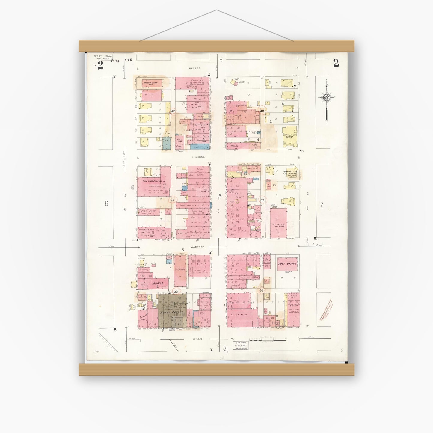 Old map wall art mockup — magnetic wood frame on white wall — Sanborn Fire Insurance Map from Perry, Dallas County, Iowa (1947), Sheet #0002