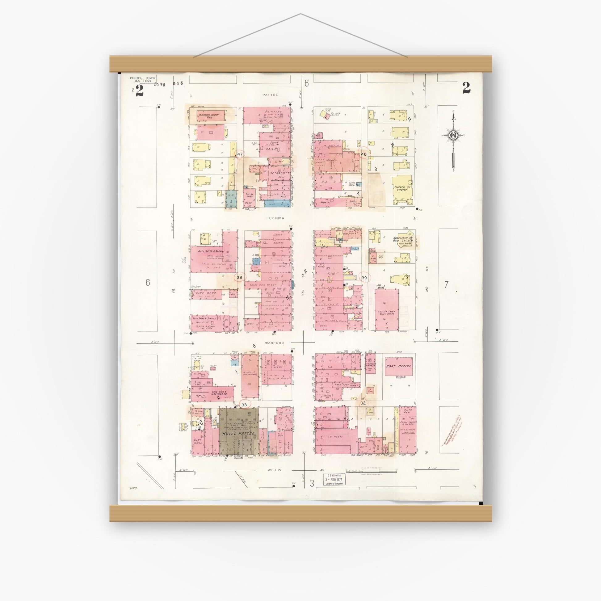 Old map wall art mockup — magnetic wood frame on white wall — Sanborn Fire Insurance Map from Perry, Dallas County, Iowa (1947), Sheet #0002