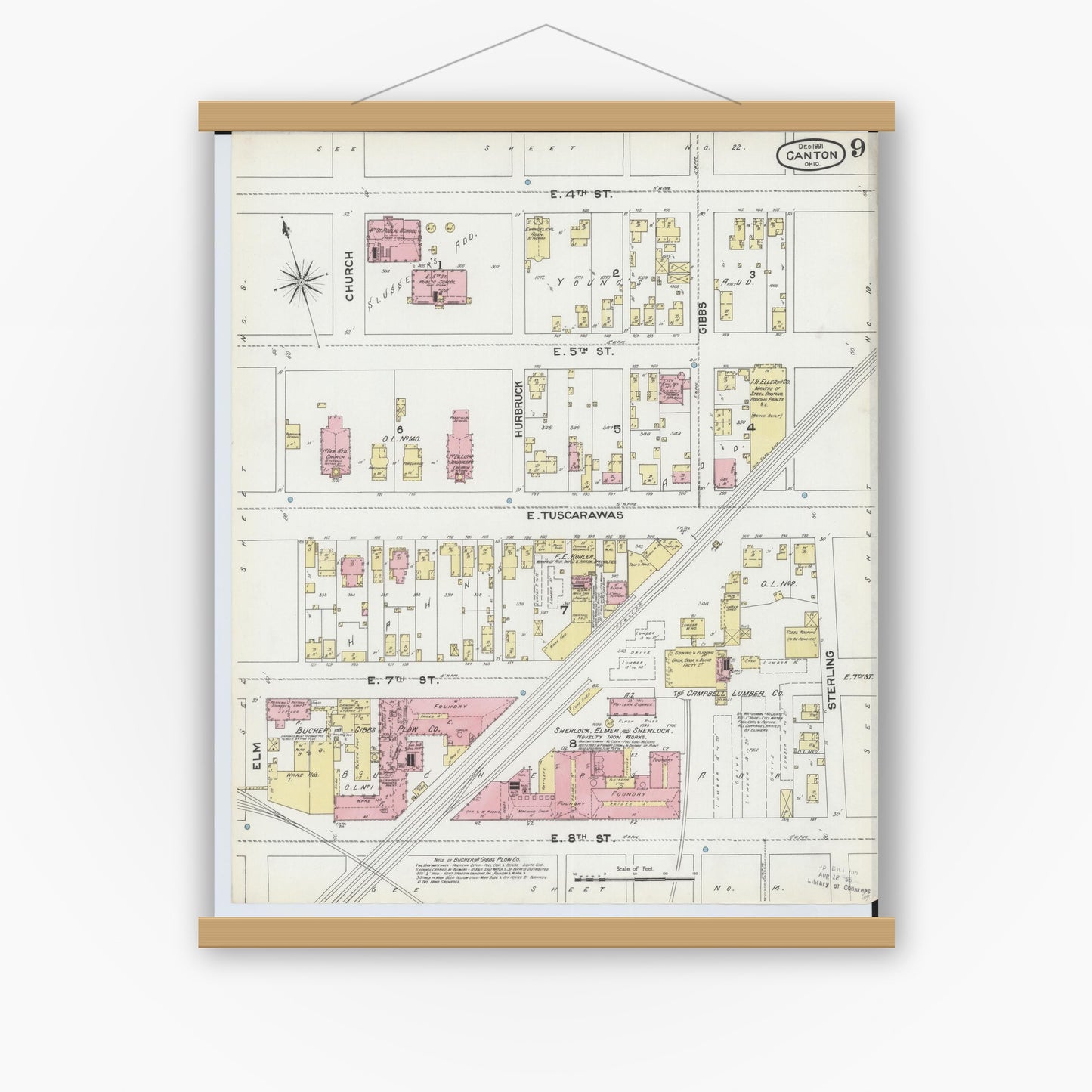 Old map wall art mockup — magnetic wood frame on white wall — Sanborn Fire Insurance Map from Canton, Stark County, Ohio (1891), Sheet #0009