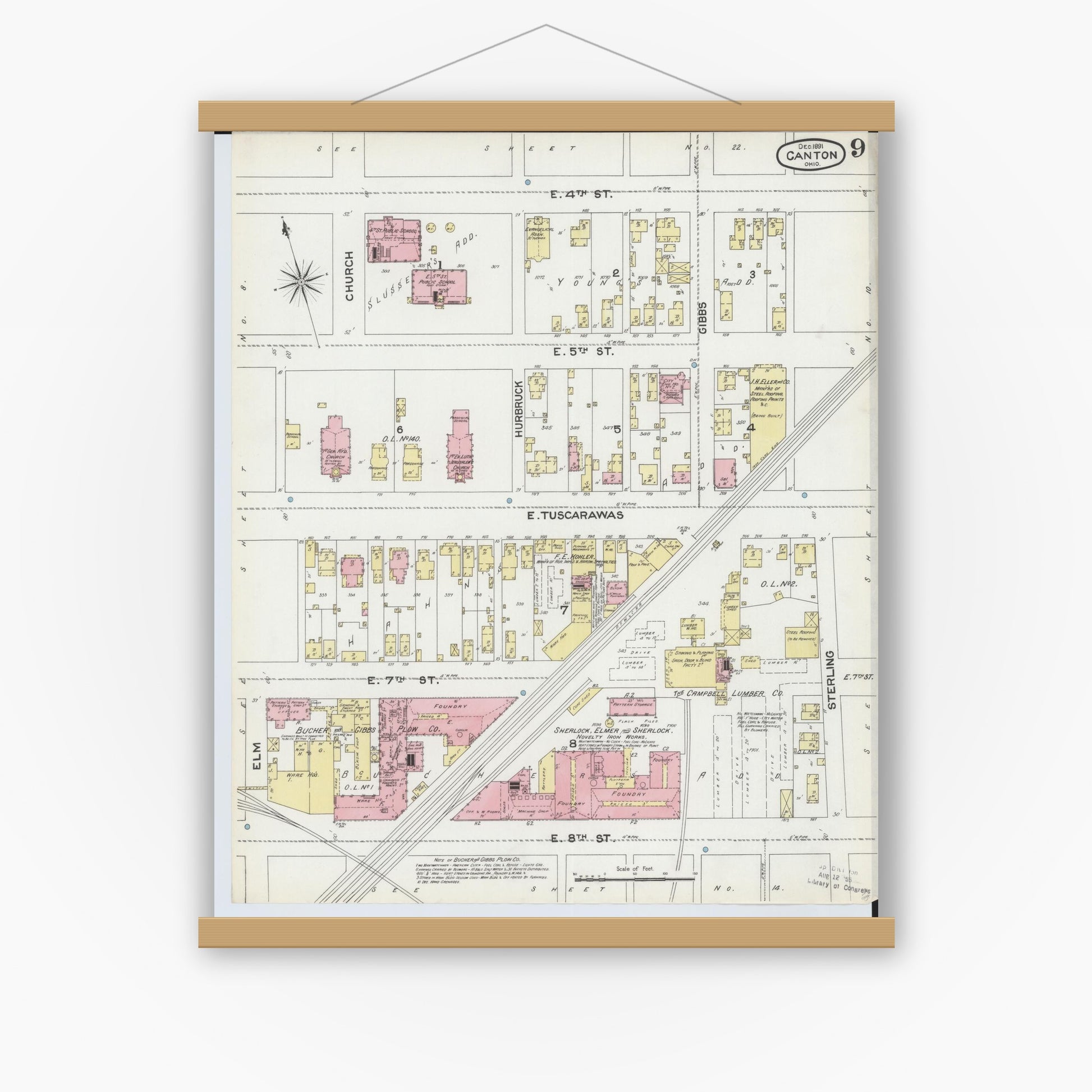 Old map wall art mockup — magnetic wood frame on white wall — Sanborn Fire Insurance Map from Canton, Stark County, Ohio (1891), Sheet #0009