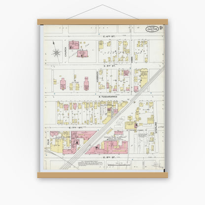 Old map wall art mockup — magnetic wood frame on white wall — Sanborn Fire Insurance Map from Canton, Stark County, Ohio (1891), Sheet #0009