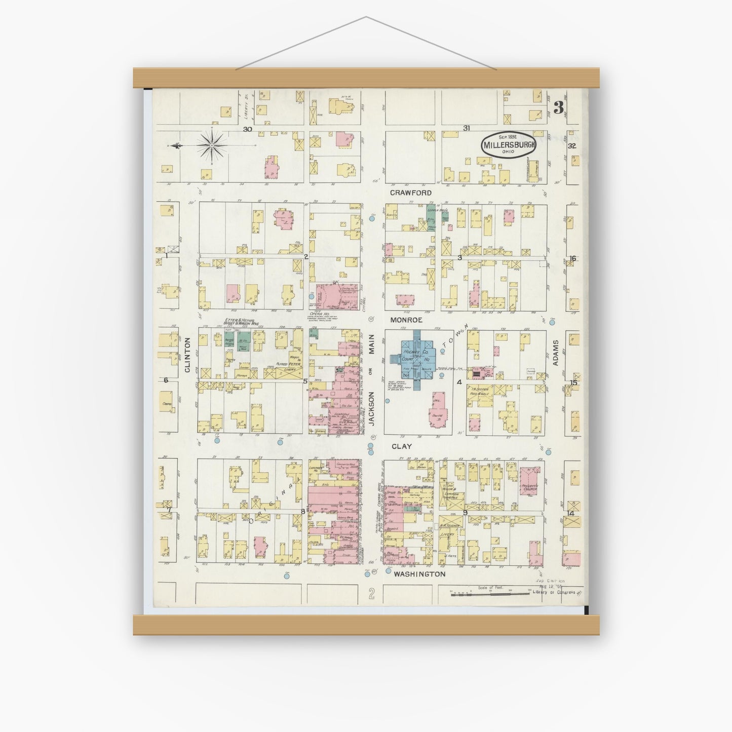 Old map wall art mockup — magnetic wood frame on white wall — Sanborn Fire Insurance Map from Millersburg, Holmes County, Ohio (1892), Sheet #0003