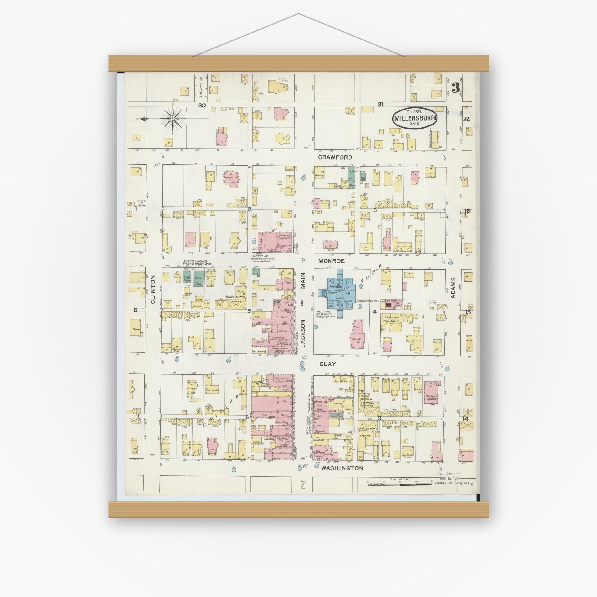 Old map wall art mockup — magnetic wood frame on white wall — Sanborn Fire Insurance Map from Millersburg, Holmes County, Ohio (1892), Sheet #0003