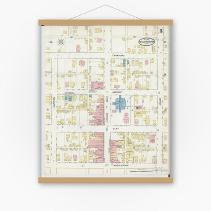 Old map wall art mockup — magnetic wood frame on white wall — Sanborn Fire Insurance Map from Millersburg, Holmes County, Ohio (1892), Sheet #0003