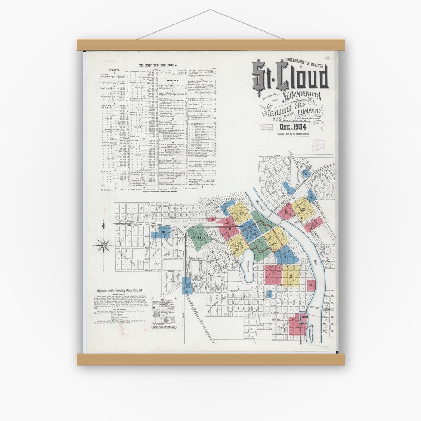 Old map wall art mockup — magnetic wood frame on white wall — Sanborn Fire Insurance Map from Saint Cloud, Stearns, Benton, and Sherburne Counties, Minnesota (1904), Sheet #0001