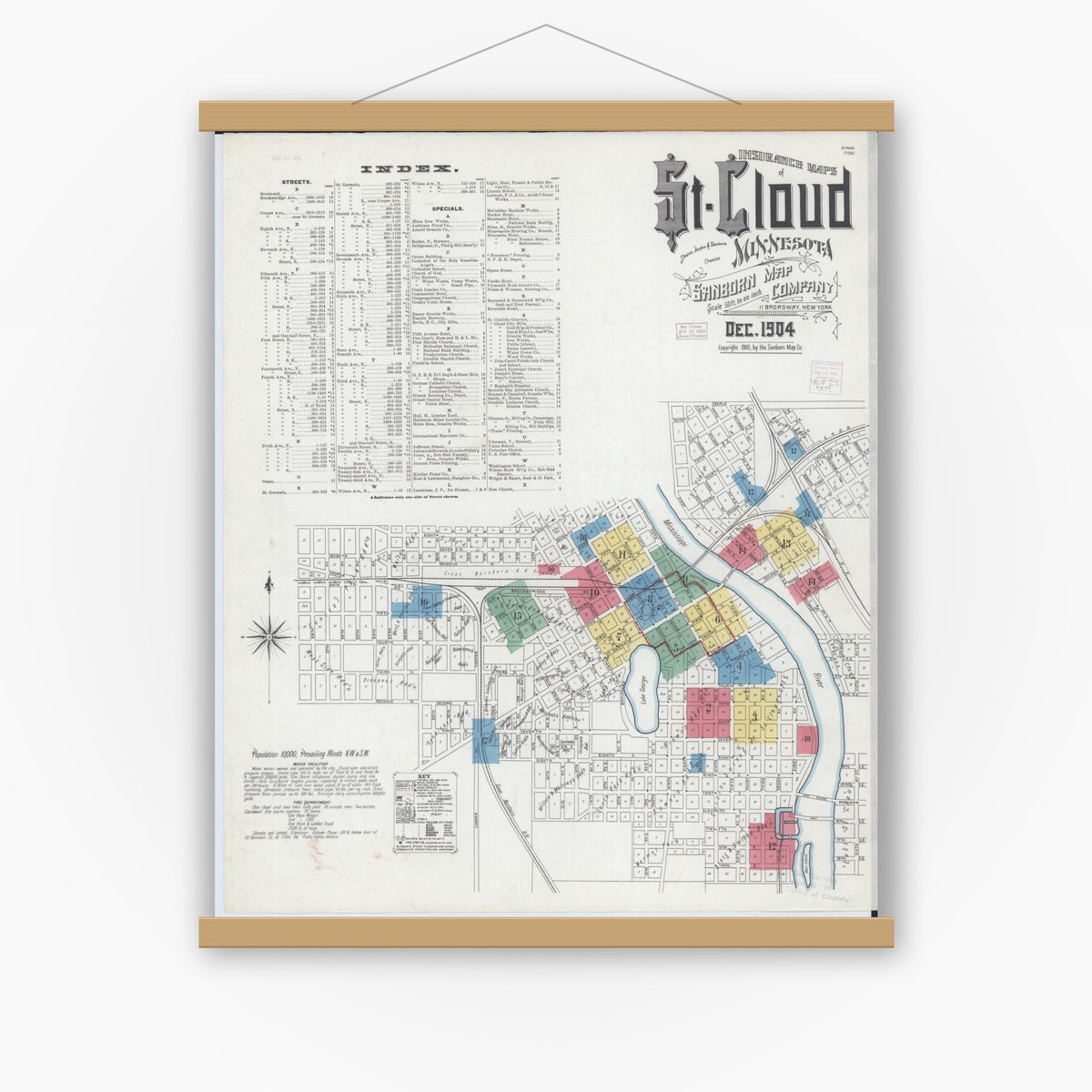 Old map wall art mockup — magnetic wood frame on white wall — Sanborn Fire Insurance Map from Saint Cloud, Stearns, Benton, and Sherburne Counties, Minnesota (1904), Sheet #0001