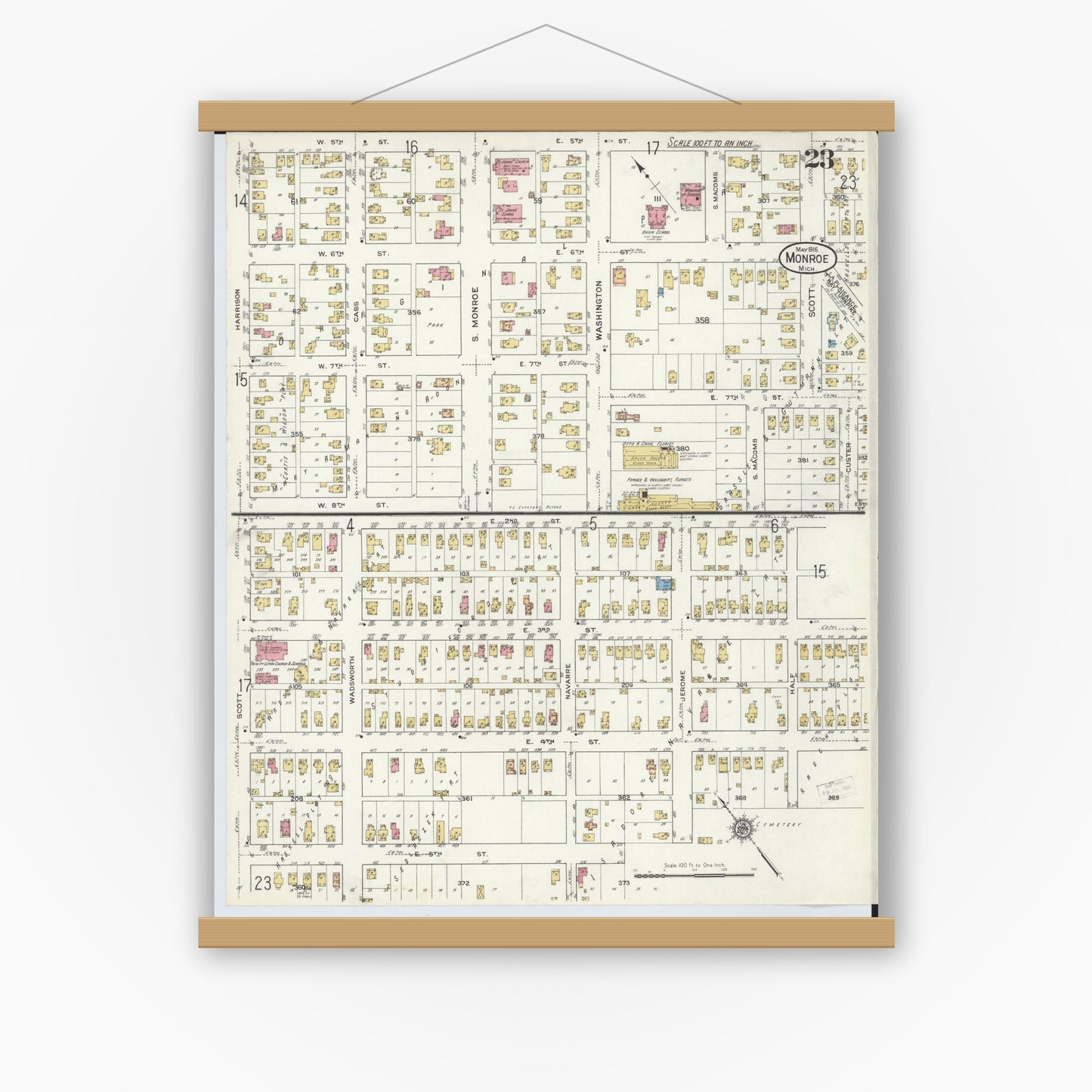 Old map wall art mockup — magnetic wood frame on white wall — Sanborn Fire Insurance Map from Monroe, Monroe County, Michigan (1916), Sheet #0023