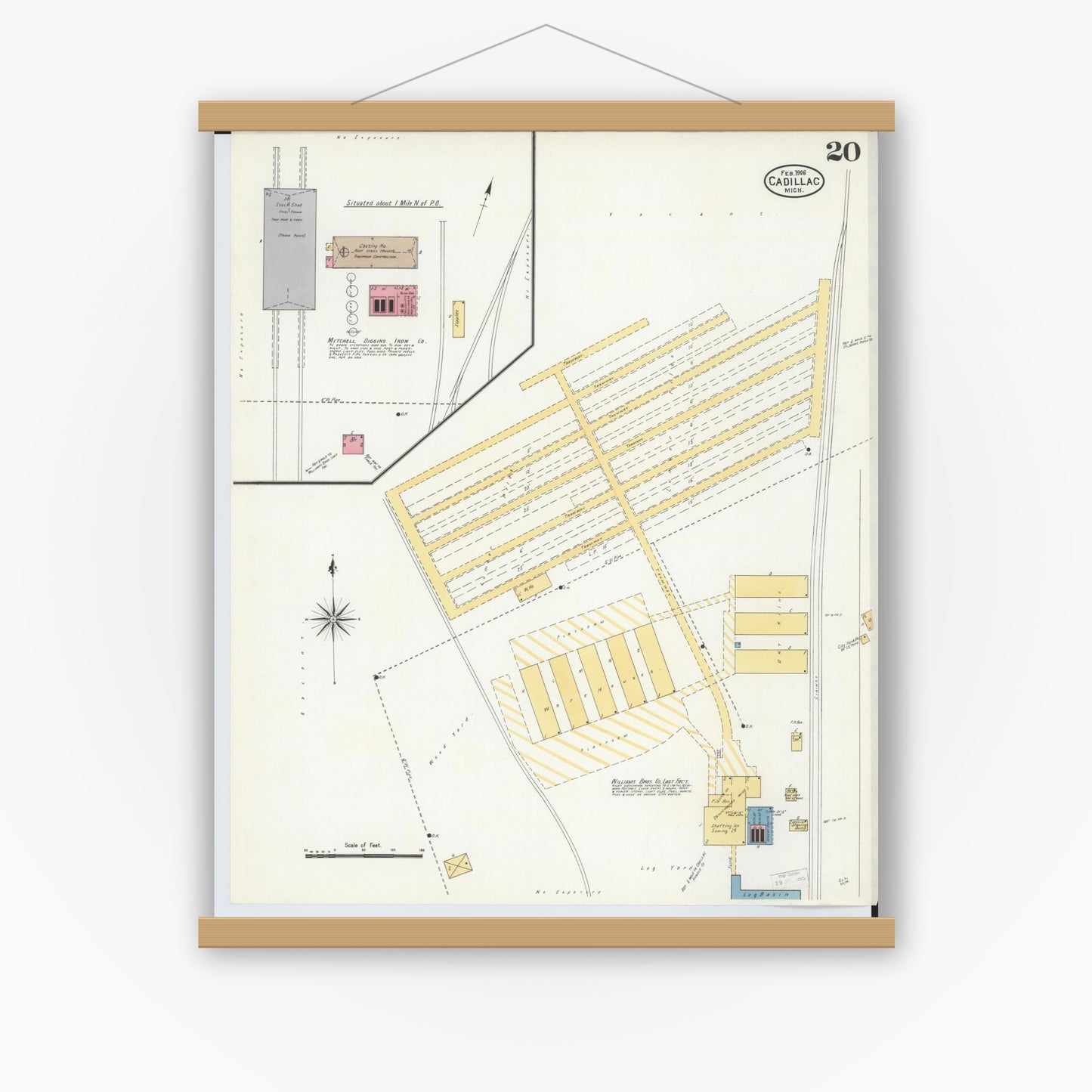 Old map wall art mockup — magnetic wood frame on white wall — Sanborn Fire Insurance Map from Cadillac, Wexford County, Michigan (1906), Sheet #0020