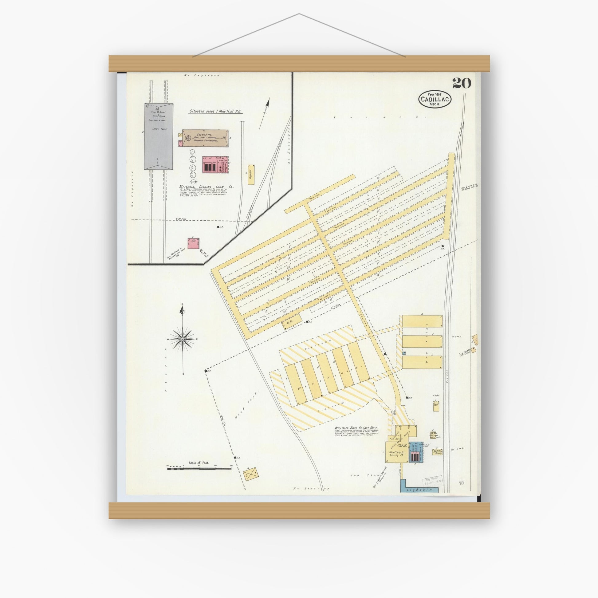 Old map wall art mockup — magnetic wood frame on white wall — Sanborn Fire Insurance Map from Cadillac, Wexford County, Michigan (1906), Sheet #0020