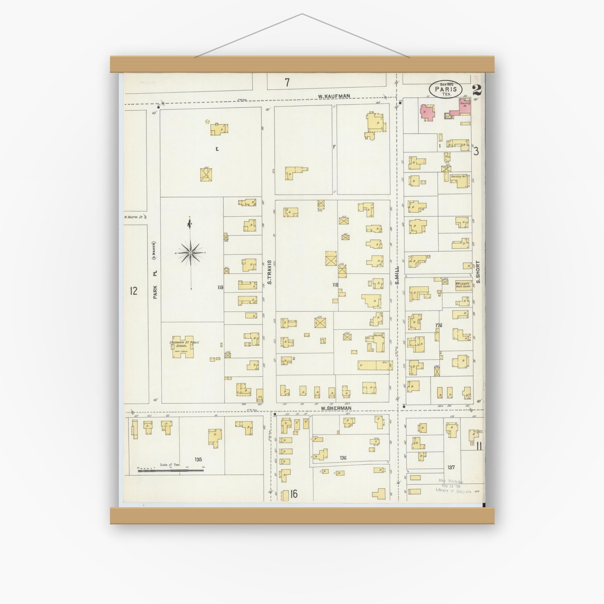 Old map wall art mockup — magnetic wood frame on white wall — Sanborn Fire Insurance Map from Paris, Lamar County, Texas (1902), Sheet #0002