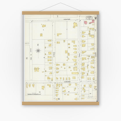 Old map wall art mockup — magnetic wood frame on white wall — Sanborn Fire Insurance Map from Paris, Lamar County, Texas (1902), Sheet #0002
