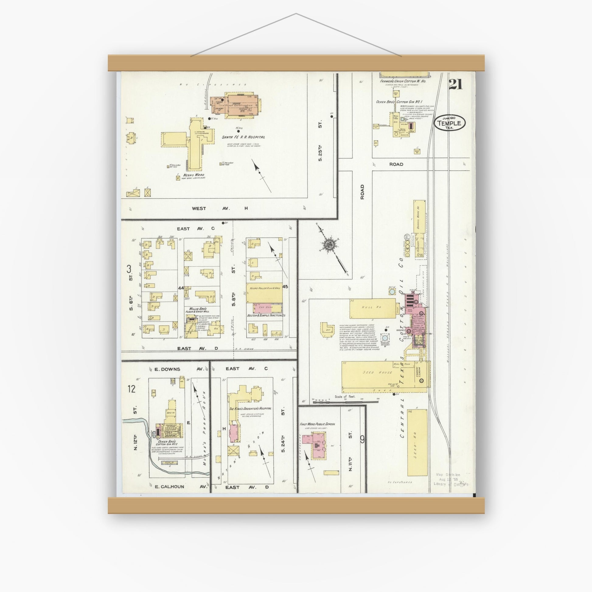 Old map wall art mockup — magnetic wood frame on white wall — Sanborn Fire Insurance Map from Temple, Bell County, Texas (1910), Sheet #0021