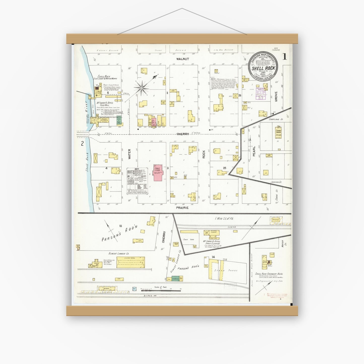 Old map wall art mockup — magnetic wood frame on white wall — Sanborn Fire Insurance Map from Shell Rock, Butler County, Iowa (1902), Sheet #0001