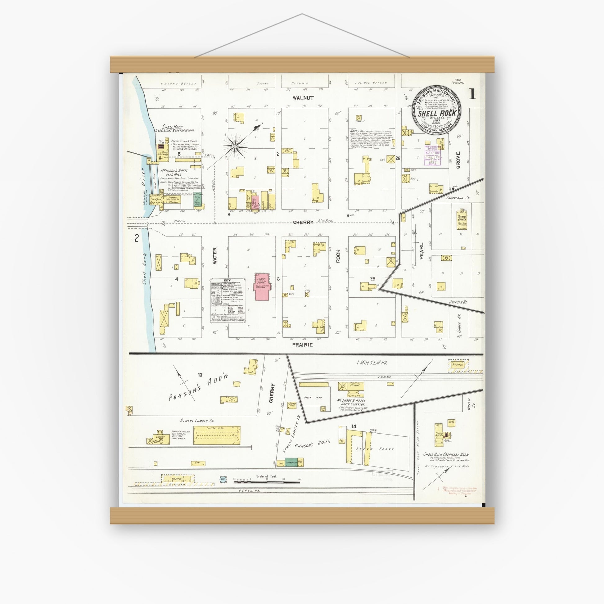 Old map wall art mockup — magnetic wood frame on white wall — Sanborn Fire Insurance Map from Shell Rock, Butler County, Iowa (1902), Sheet #0001