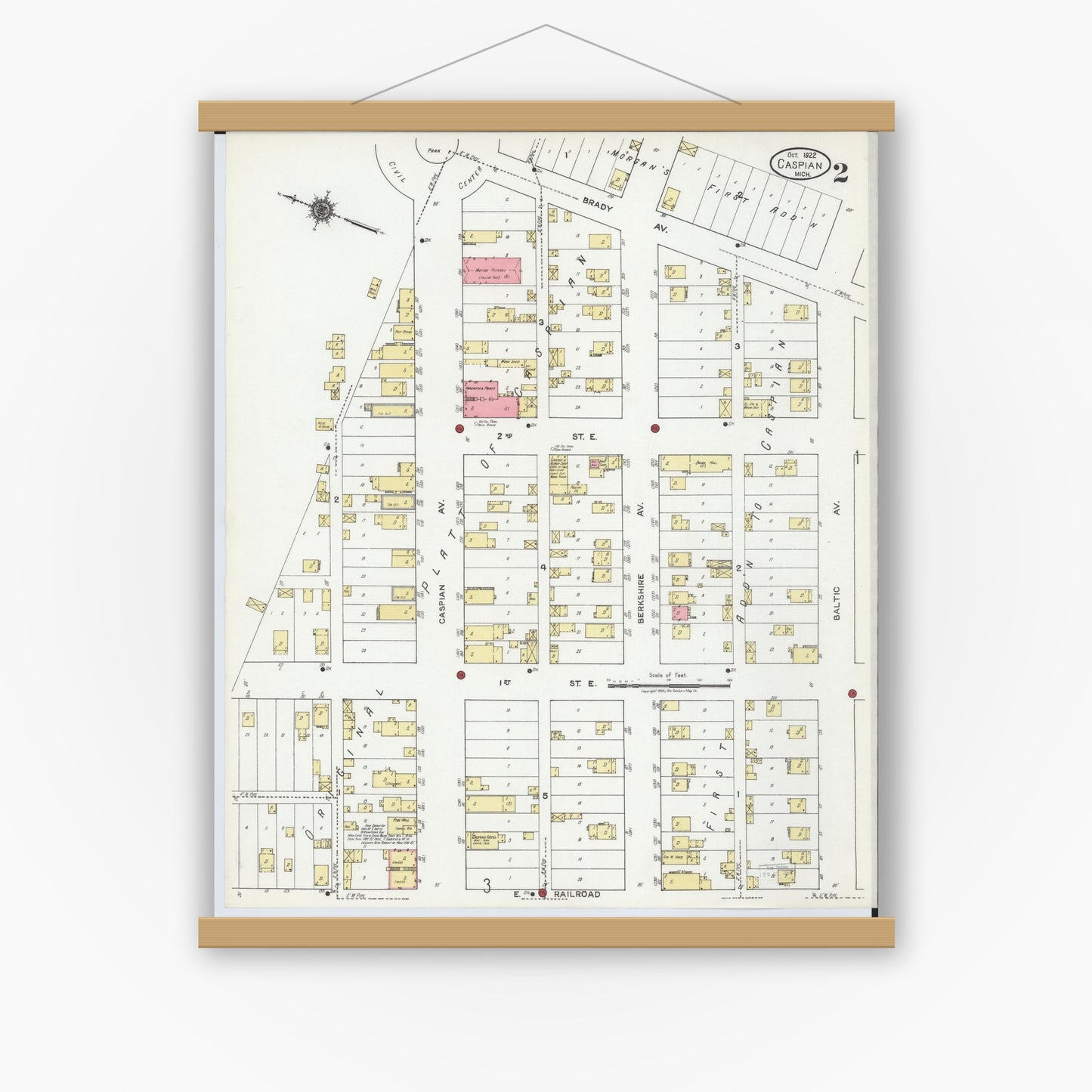 Old map wall art mockup — magnetic wood frame on white wall — Sanborn Fire Insurance Map from Caspian, Iron County, Michigan (1922), Sheet #0002