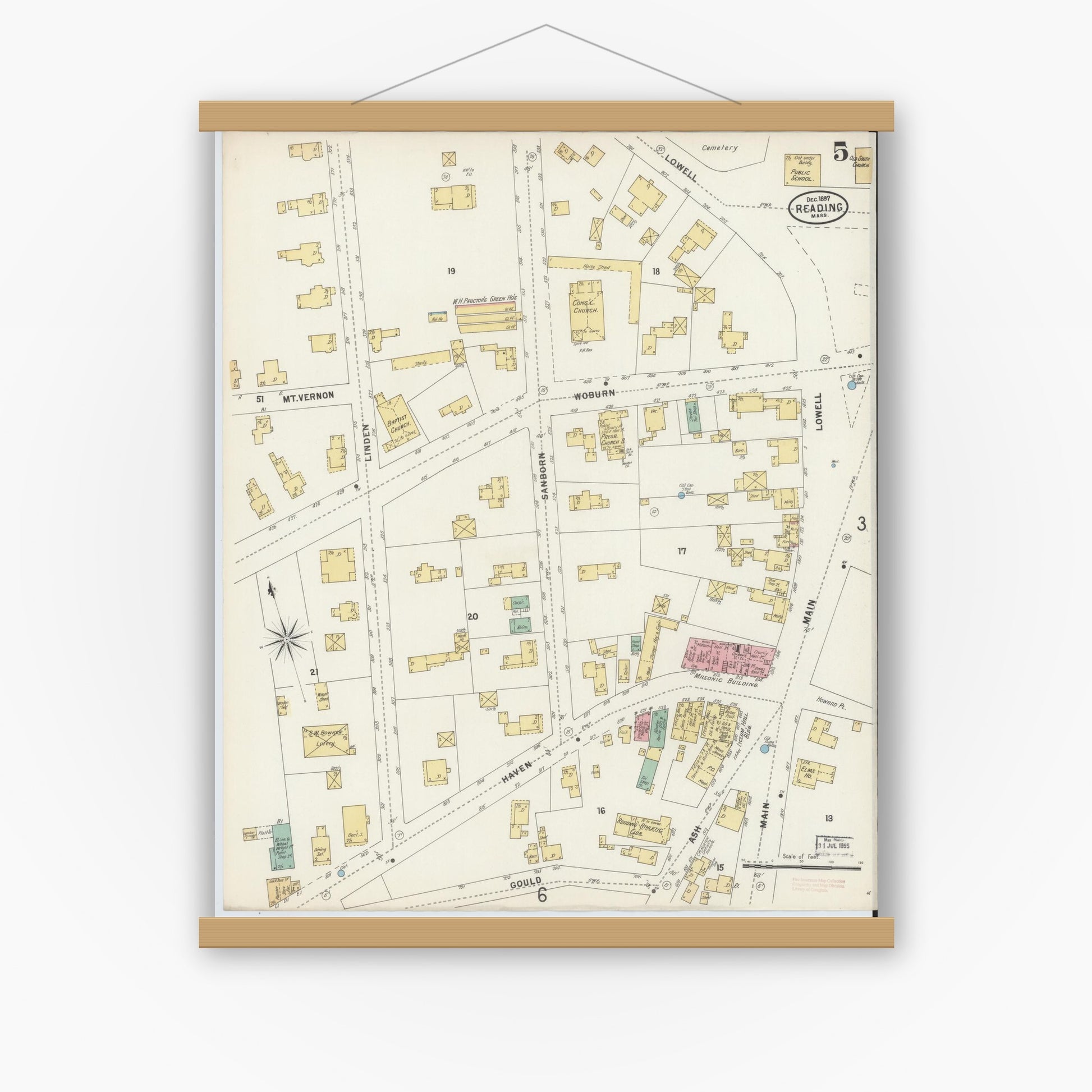 Old map wall art mockup — magnetic wood frame on white wall — Sanborn Fire Insurance Map from Reading, Middlesex County, Massachusetts (1897), Sheet #0005