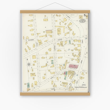 Old map wall art mockup — magnetic wood frame on white wall — Sanborn Fire Insurance Map from Reading, Middlesex County, Massachusetts (1897), Sheet #0005