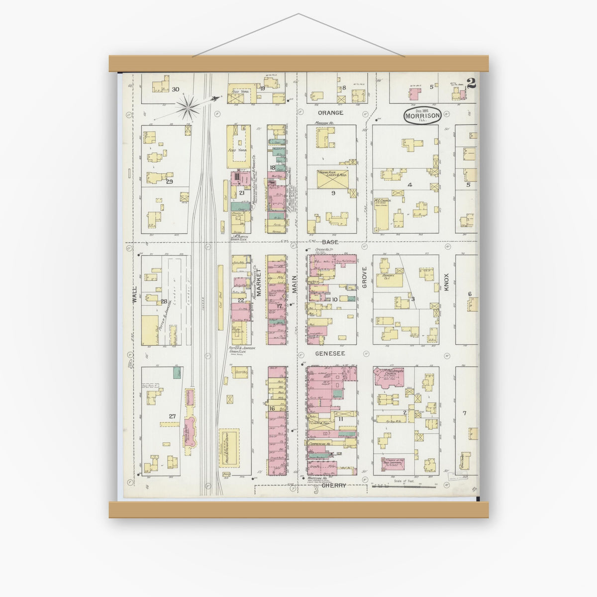 Old map wall art mockup — magnetic wood frame on white wall — Sanborn Fire Insurance Map from Morrison, Whiteside County, Illinois (1892), Sheet #0002