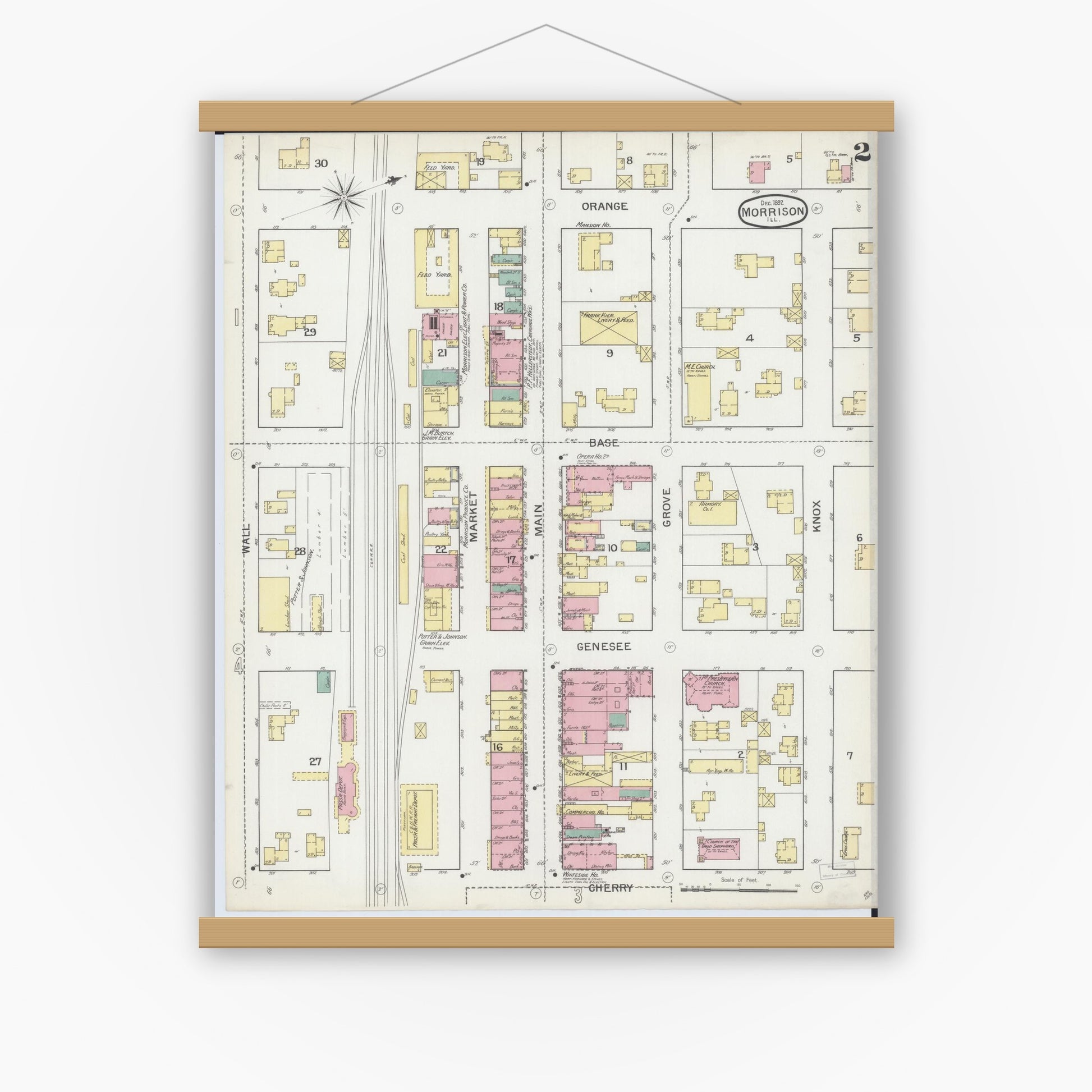 Old map wall art mockup — magnetic wood frame on white wall — Sanborn Fire Insurance Map from Morrison, Whiteside County, Illinois (1892), Sheet #0002