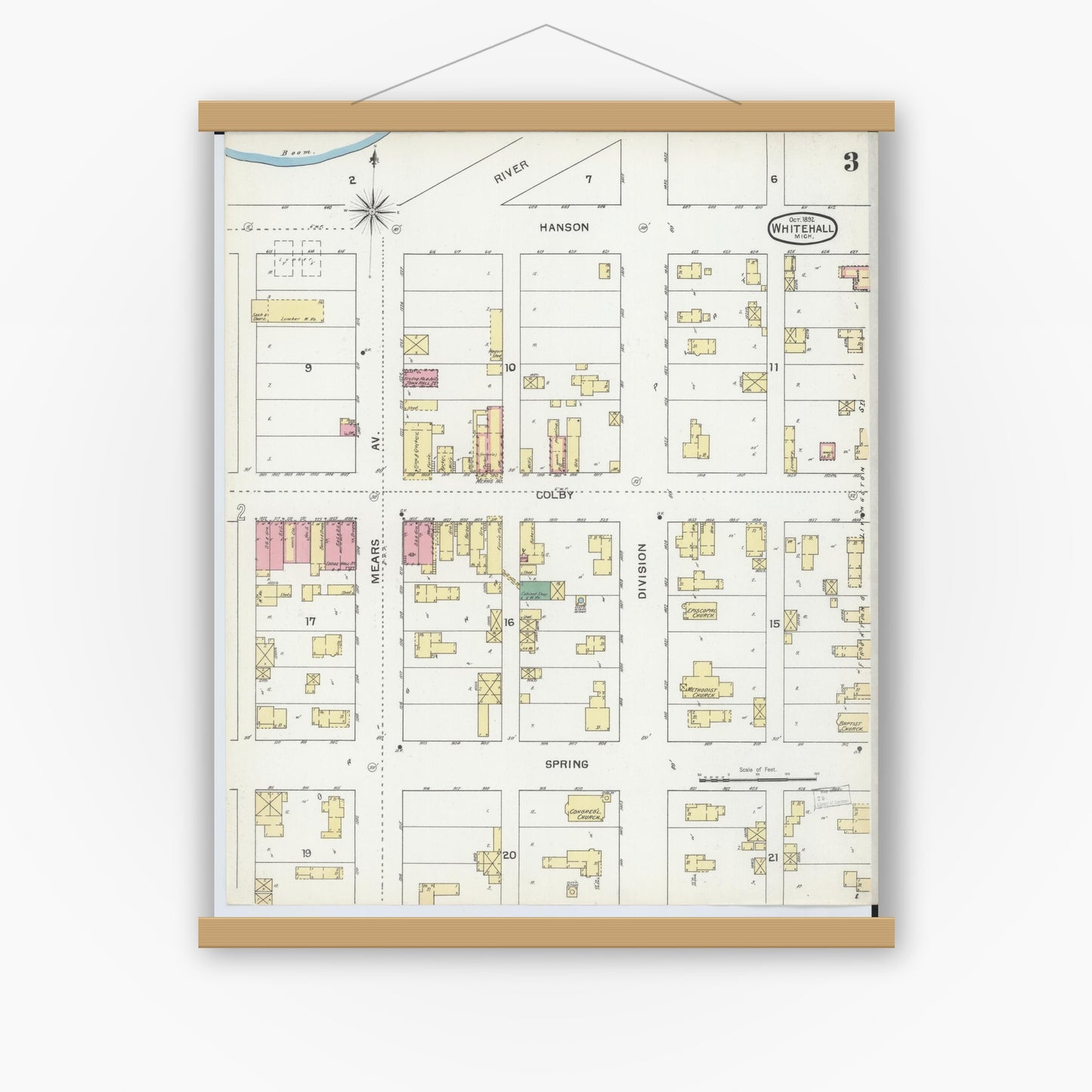 Old map wall art mockup — magnetic wood frame on white wall — Sanborn Fire Insurance Map from Whitehall, Muskegon County, Michigan (1892), Sheet #0003