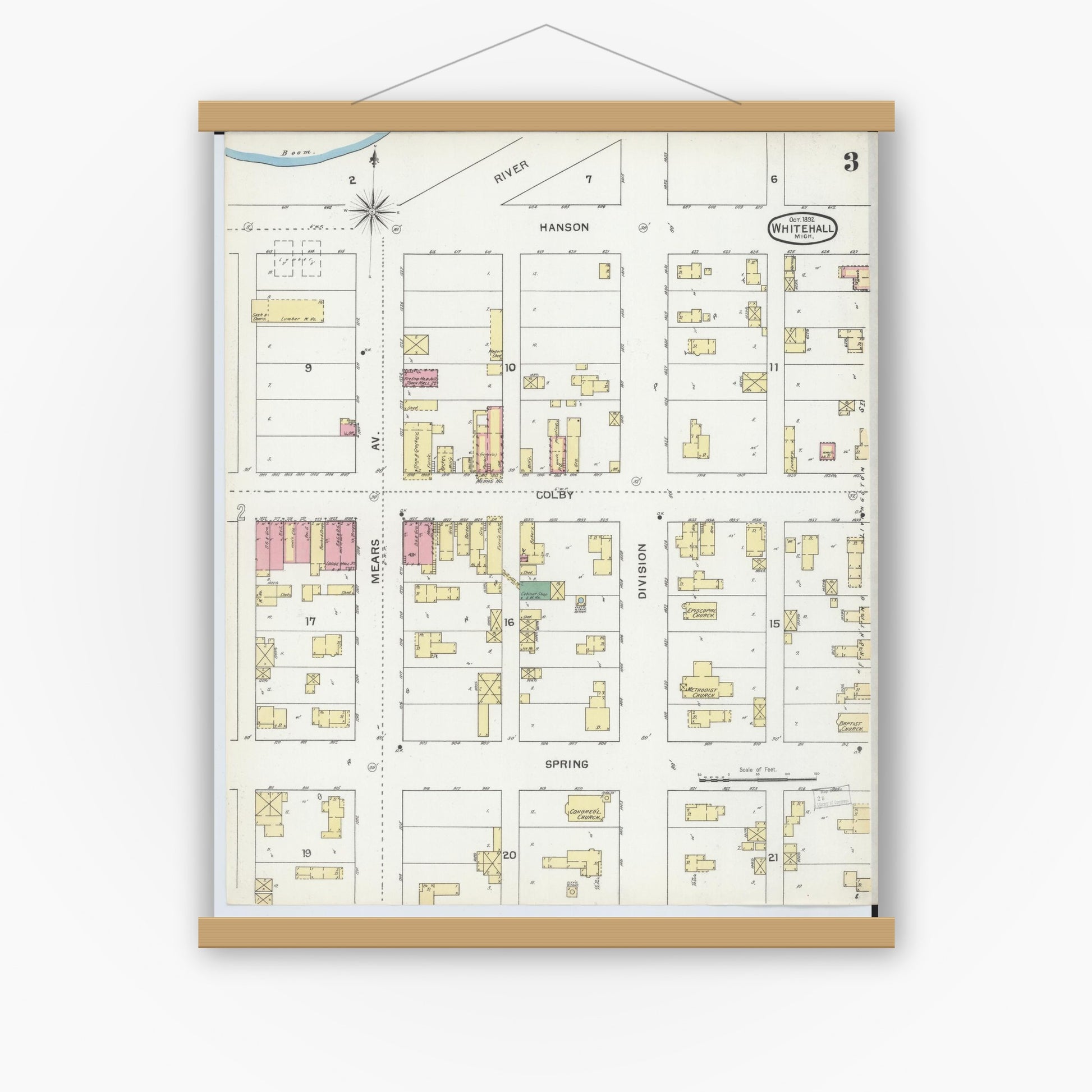 Old map wall art mockup — magnetic wood frame on white wall — Sanborn Fire Insurance Map from Whitehall, Muskegon County, Michigan (1892), Sheet #0003