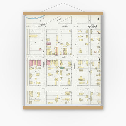 Old map wall art mockup — magnetic wood frame on white wall — Sanborn Fire Insurance Map from Whitehall, Muskegon County, Michigan (1892), Sheet #0003