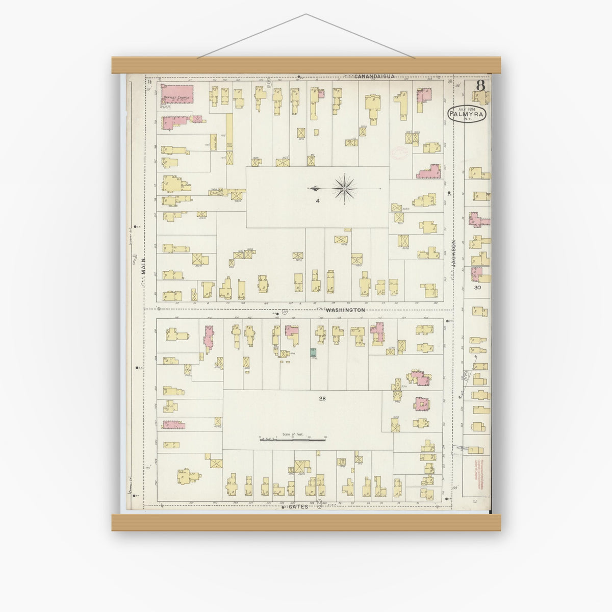 Old map wall art mockup — magnetic wood frame on white wall — Sanborn Fire Insurance Map from Palmyra, Wayne County, New York (1894), Sheet #0008