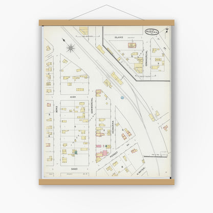 Old map wall art mockup — magnetic wood frame on white wall — Sanborn Fire Insurance Map from Neenah, Winnebago County, Wisconsin (1891), Sheet #0007