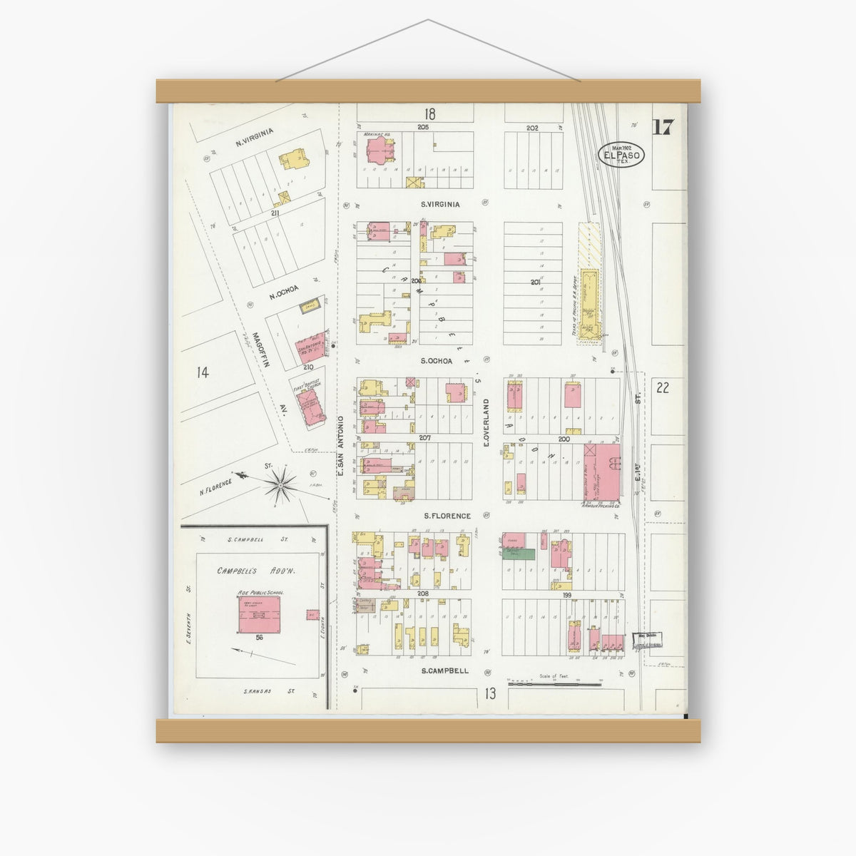 Old map wall art mockup — magnetic wood frame on white wall — Sanborn Fire Insurance Map from El Paso, El Paso County, Texas (1902), Sheet #0017