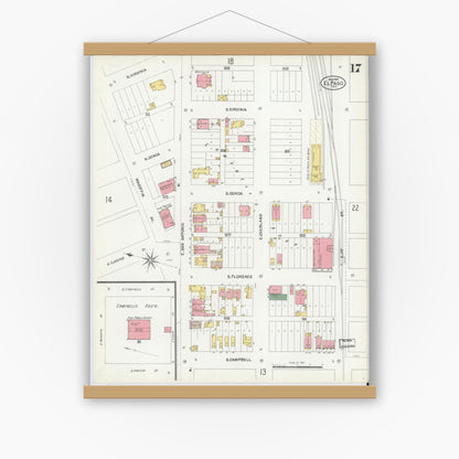 Old map wall art mockup — magnetic wood frame on white wall — Sanborn Fire Insurance Map from El Paso, El Paso County, Texas (1902), Sheet #0017