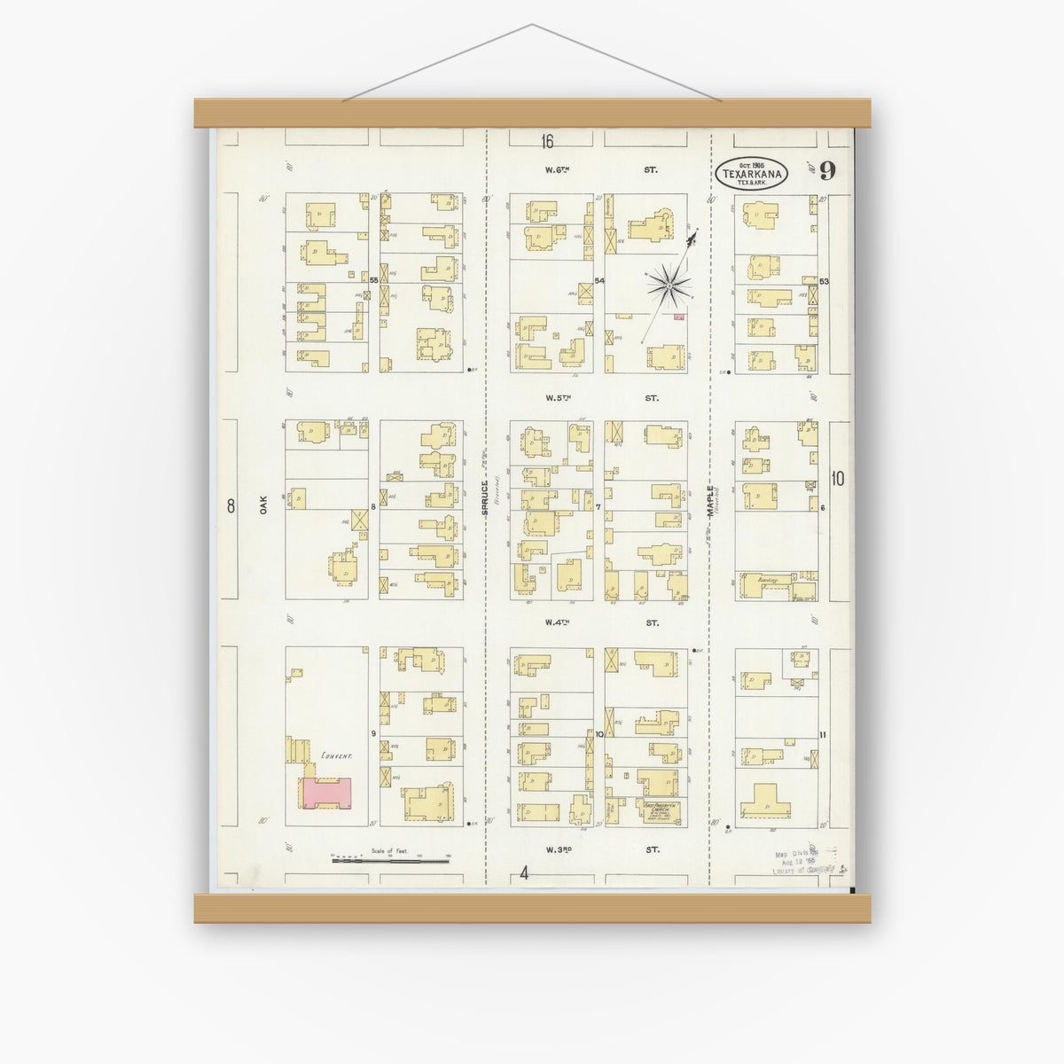 Old map wall art mockup — magnetic wood frame on white wall — Sanborn Fire Insurance Map from Texarkana, Bowie County, Texas (1905), Sheet #0009