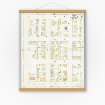 Old map wall art mockup — magnetic wood frame on white wall — Sanborn Fire Insurance Map from Texarkana, Bowie County, Texas (1905), Sheet #0009