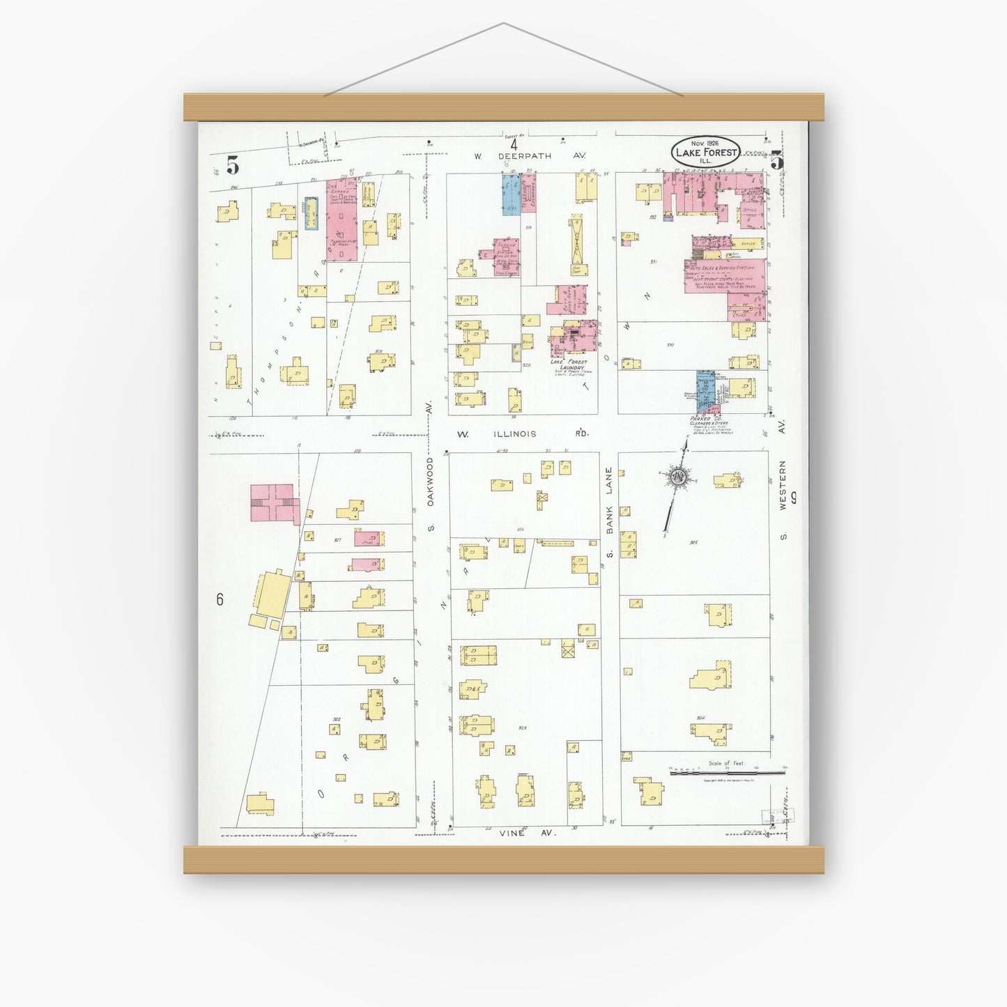 Old map wall art mockup — magnetic wood frame on white wall — Sanborn Fire Insurance Map from Lake Forest, Lake County, Illinois (1926), Sheet #0005