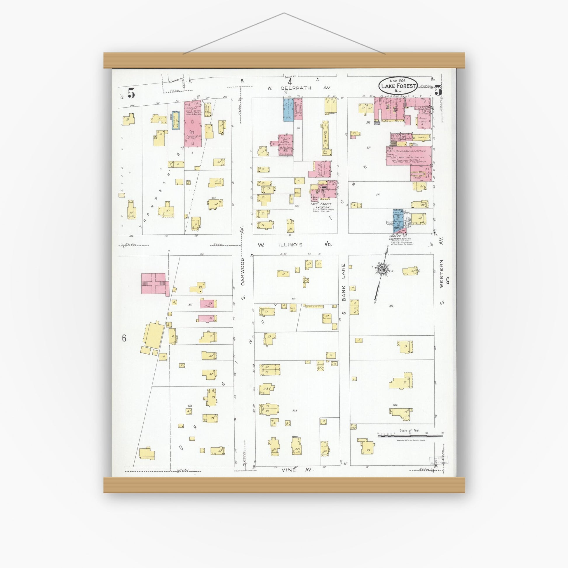 Old map wall art mockup — magnetic wood frame on white wall — Sanborn Fire Insurance Map from Lake Forest, Lake County, Illinois (1926), Sheet #0005