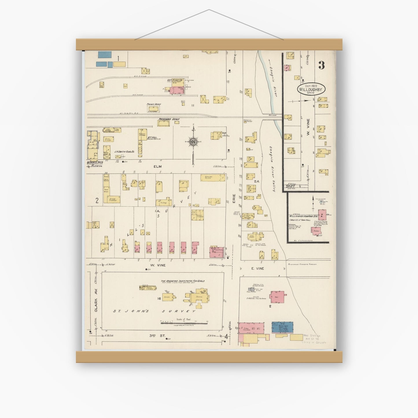 Old map wall art mockup — magnetic wood frame on white wall — Sanborn Fire Insurance Map from Willoughby, Lake County, Ohio (1922), Sheet #0003