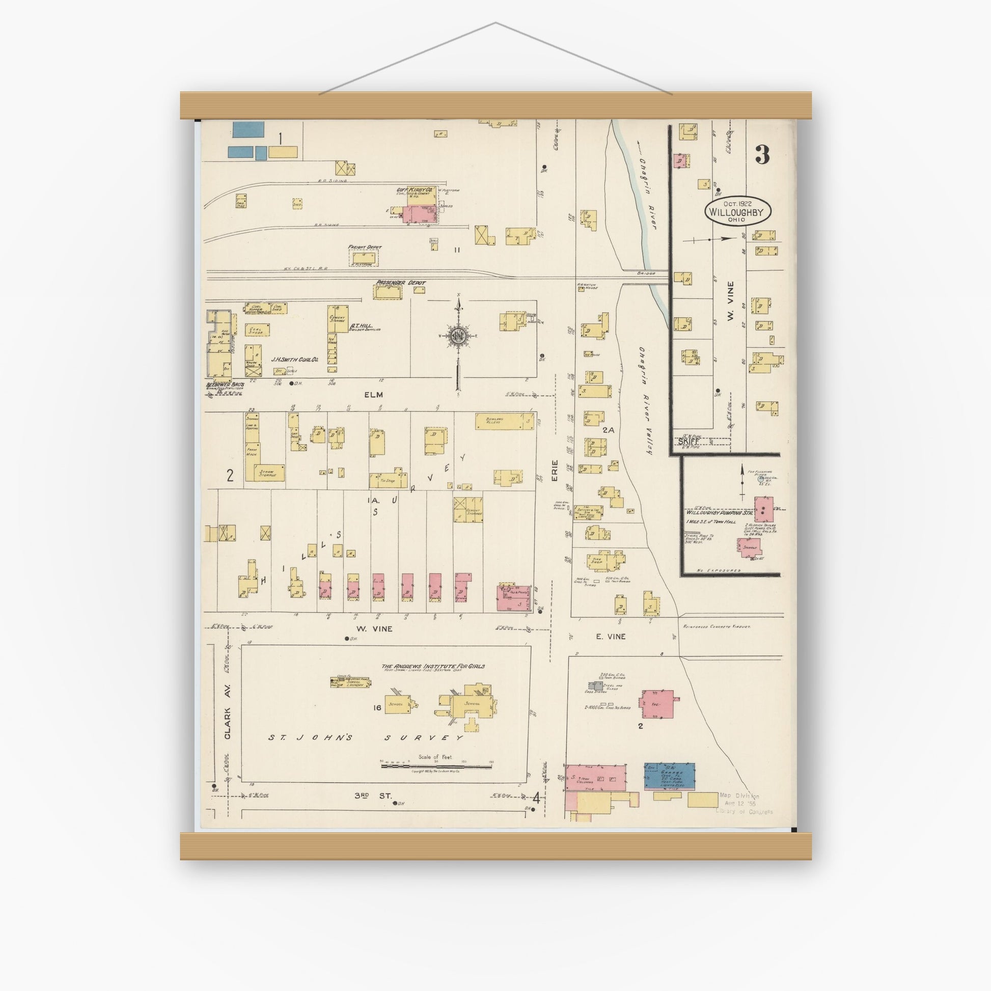 Old map wall art mockup — magnetic wood frame on white wall — Sanborn Fire Insurance Map from Willoughby, Lake County, Ohio (1922), Sheet #0003