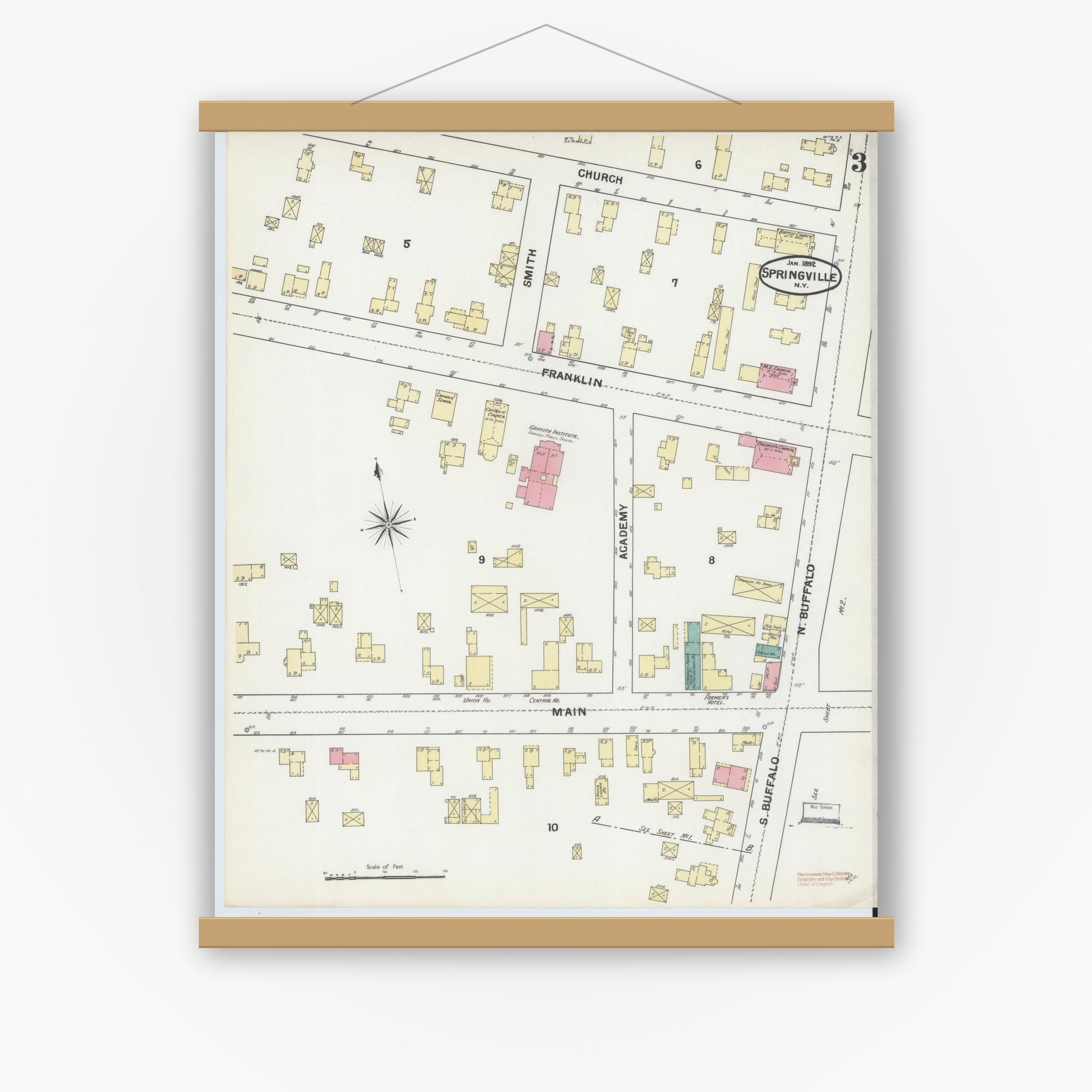 Old map wall art mockup — magnetic wood frame on white wall — Sanborn Fire Insurance Map from Springville, Erie County, New York (1892), Sheet #0003