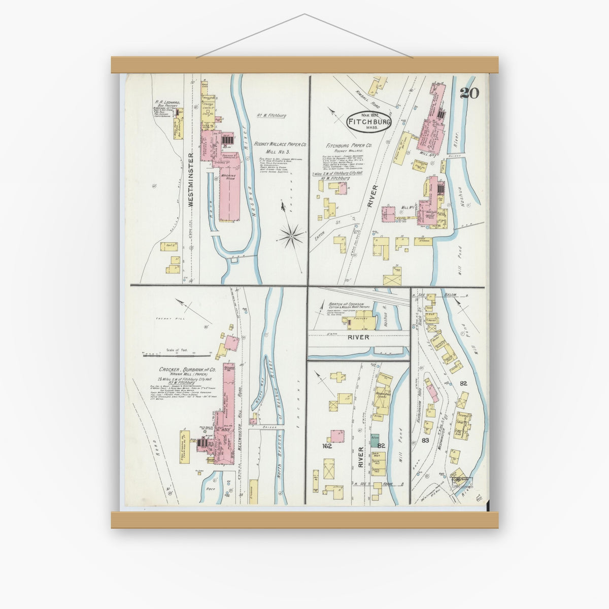 Old map wall art mockup — magnetic wood frame on white wall — Sanborn Fire Insurance Map from Fitchburg, Worcester County, Massachusetts (1892), Sheet #0020