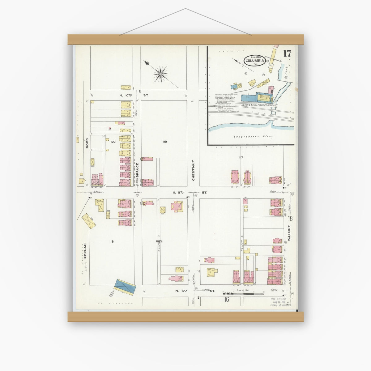 Old map wall art mockup — magnetic wood frame on white wall — Sanborn Fire Insurance Map from Columbia, Lancaster County, Pennsylvania (1909), Sheet #0017