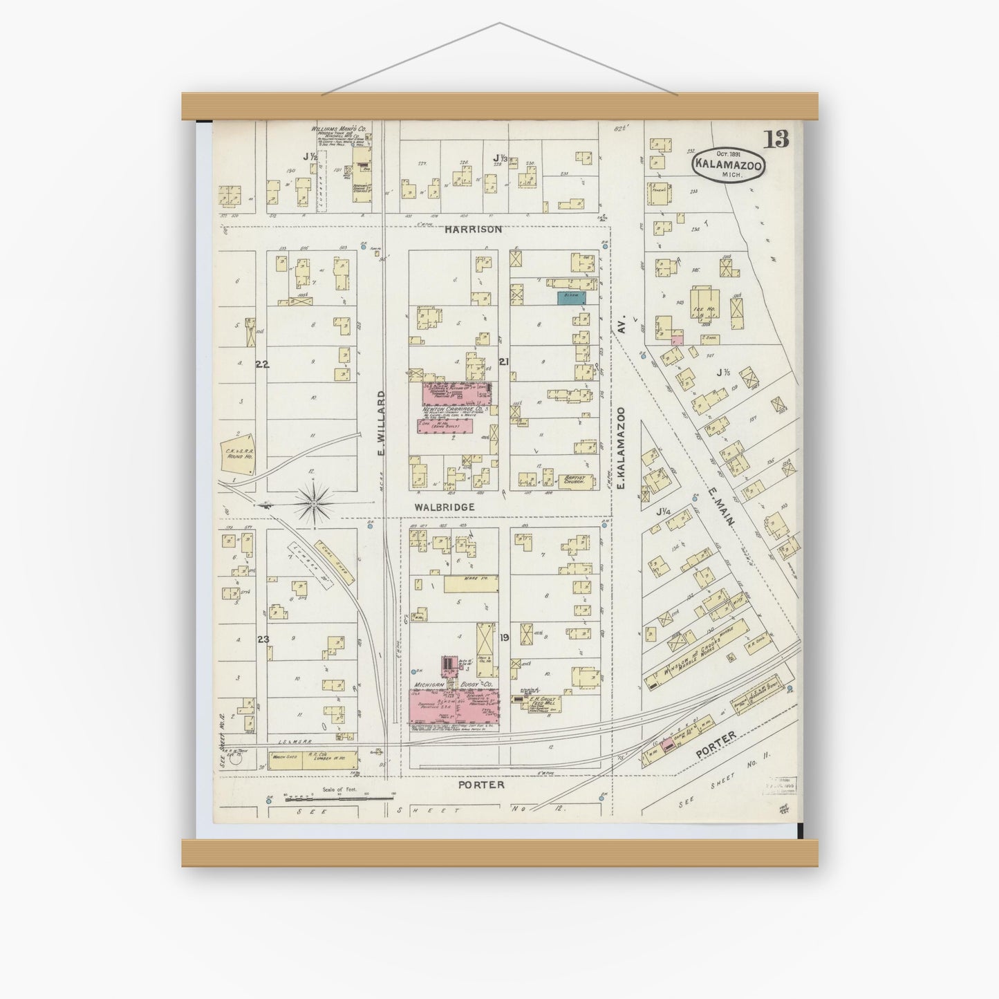 Old map wall art mockup — magnetic wood frame on white wall — Sanborn Fire Insurance Map from Kalamazoo, Kalamazoo County, Michigan (1891), Sheet #0013