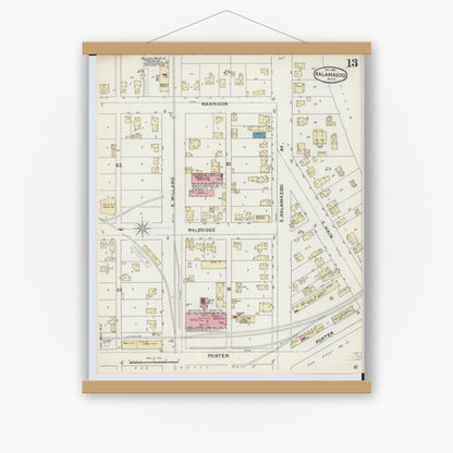 Old map wall art mockup — magnetic wood frame on white wall — Sanborn Fire Insurance Map from Kalamazoo, Kalamazoo County, Michigan (1891), Sheet #0013