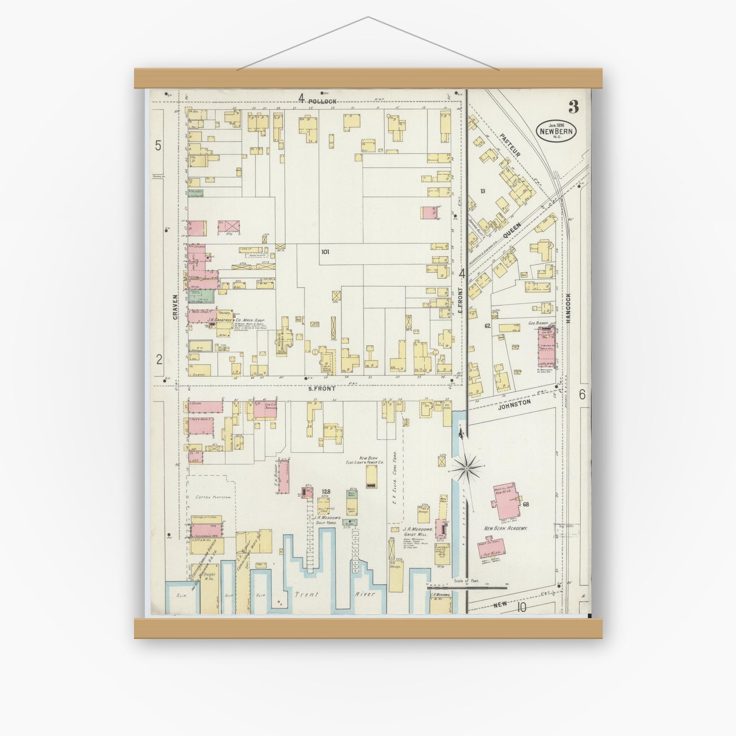 Old map wall art mockup — magnetic wood frame on white wall — Sanborn Fire Insurance Map from New Bern, Craven County, North Carolina (1898), Sheet #0003