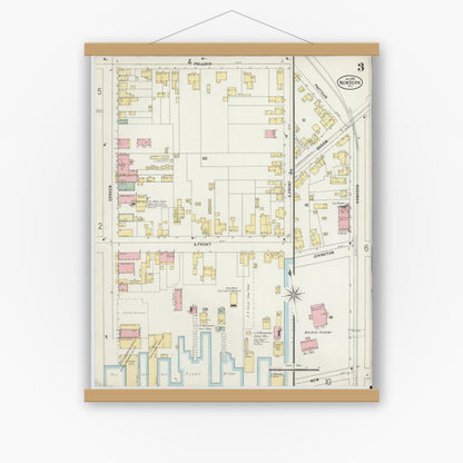 Old map wall art mockup — magnetic wood frame on white wall — Sanborn Fire Insurance Map from New Bern, Craven County, North Carolina (1898), Sheet #0003